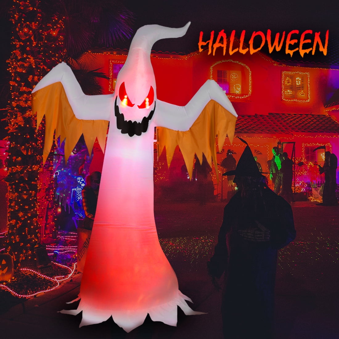 Witchwood™ VIVOHOME 8ft Height Halloween Inflatable White Ghost with Red Rotating Led Lights Blow up Outdoor Lawn Yard Decoration