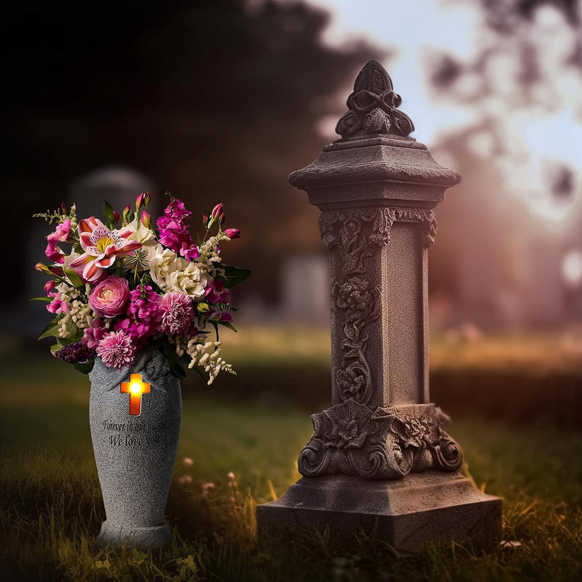 Witchwood™ Fridja Cemetery Grave Flower Vase with Cross Solar Light Cemetery Decorations for Grave, Angel Vases with Spikes Grave Markers Decor for Cemetery for Humans or Pet, Garden Memorial Gifts for Loved One