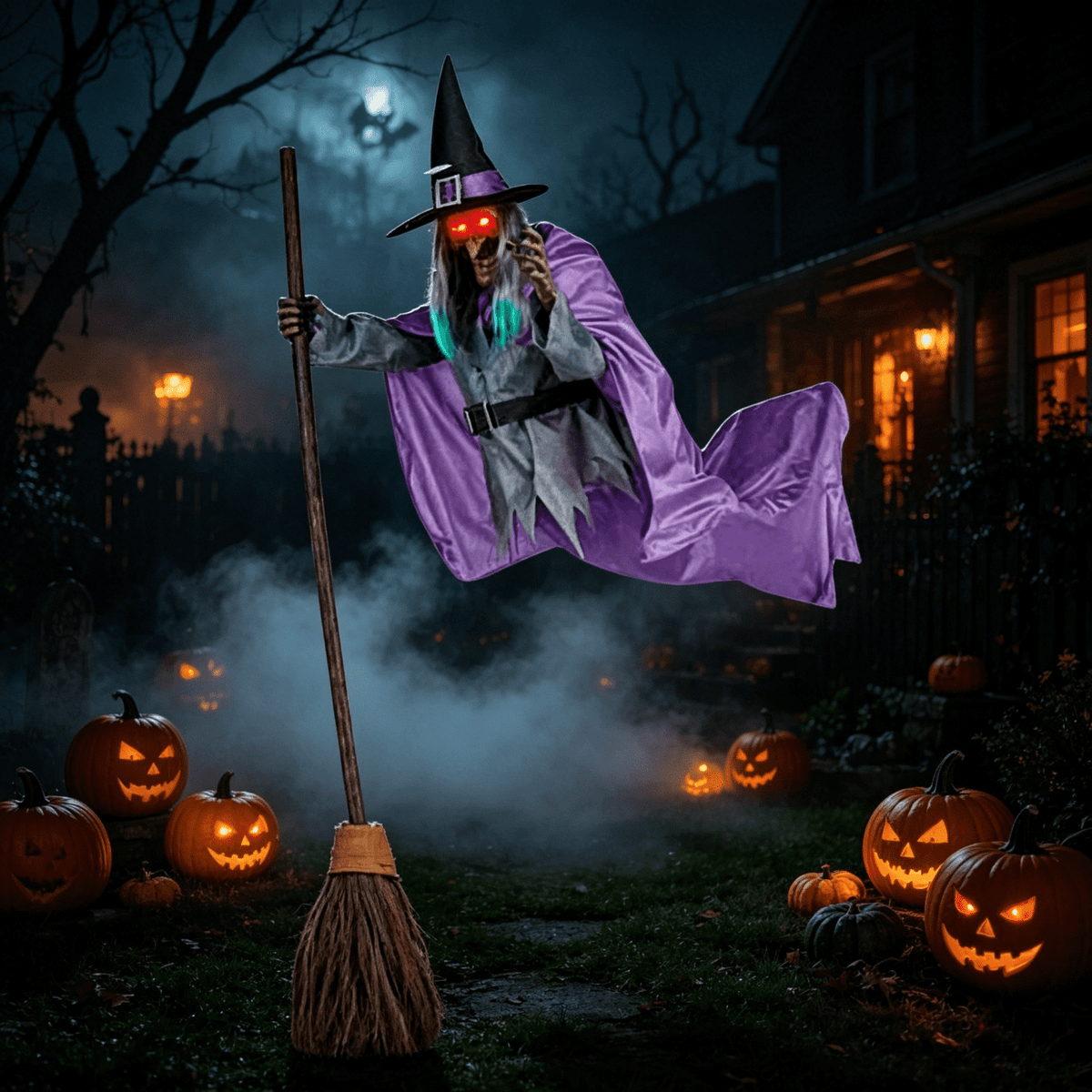 Witchwood™ Witch Decorations Halloween 6 FT Scary Flying Witch Decorations Animatronics Halloween Props with Scary Sounds and Lights Decorations for Outside Indoor Garden Yard
