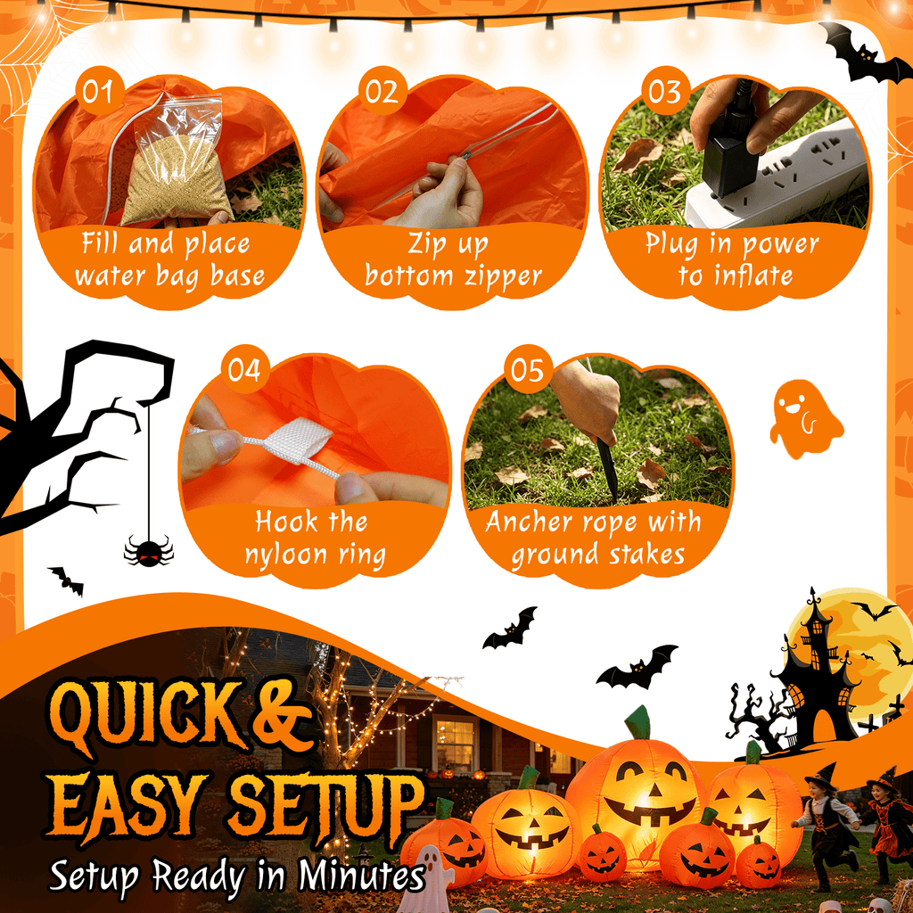 Witchwood™ 7.5 FT Long Halloween Inflatables Pumpkin Family Lighted,7 Pumpkins Blow Up Yard Decoration, Built-in LEDs, Stakes & Tethers Included for Outdoor Lawn Garden Halloween Decor