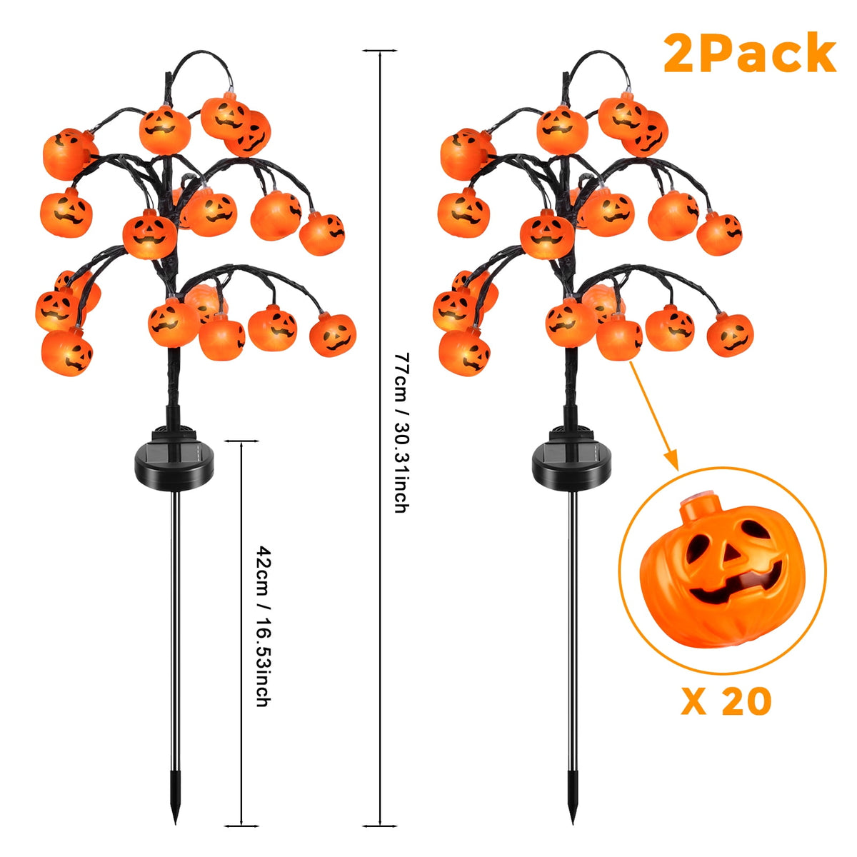 Witchwood™ 2 packs 40 LEDs Solar Halloween Pumpkin Stake Lights, 2 Modes Outdoor Waterproof Halloween Decorations, Solar Halloween Lights Stakes for Garden Yard Pathway