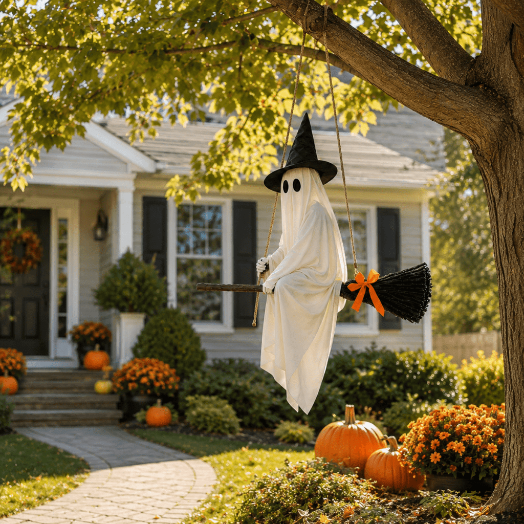 Witchwood™ LIGHTED HANGING GHOST WITCH HALLOWEEN DECORATION Floating White Ghost With Black Witch Hat Rustic Broom And Orange Bow Warm Glow