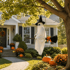 Witchwood™ LIGHTED HANGING GHOST WITCH HALLOWEEN DECORATION Floating White Ghost With Black Witch Hat Rustic Broom And Orange Bow Warm Glow