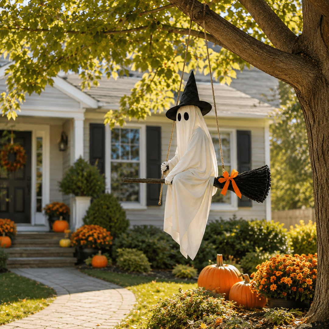 Witchwood™ LIGHTED HANGING GHOST WITCH HALLOWEEN DECORATION Floating White Ghost With Black Witch Hat Rustic Broom And Orange Bow Warm Glow
