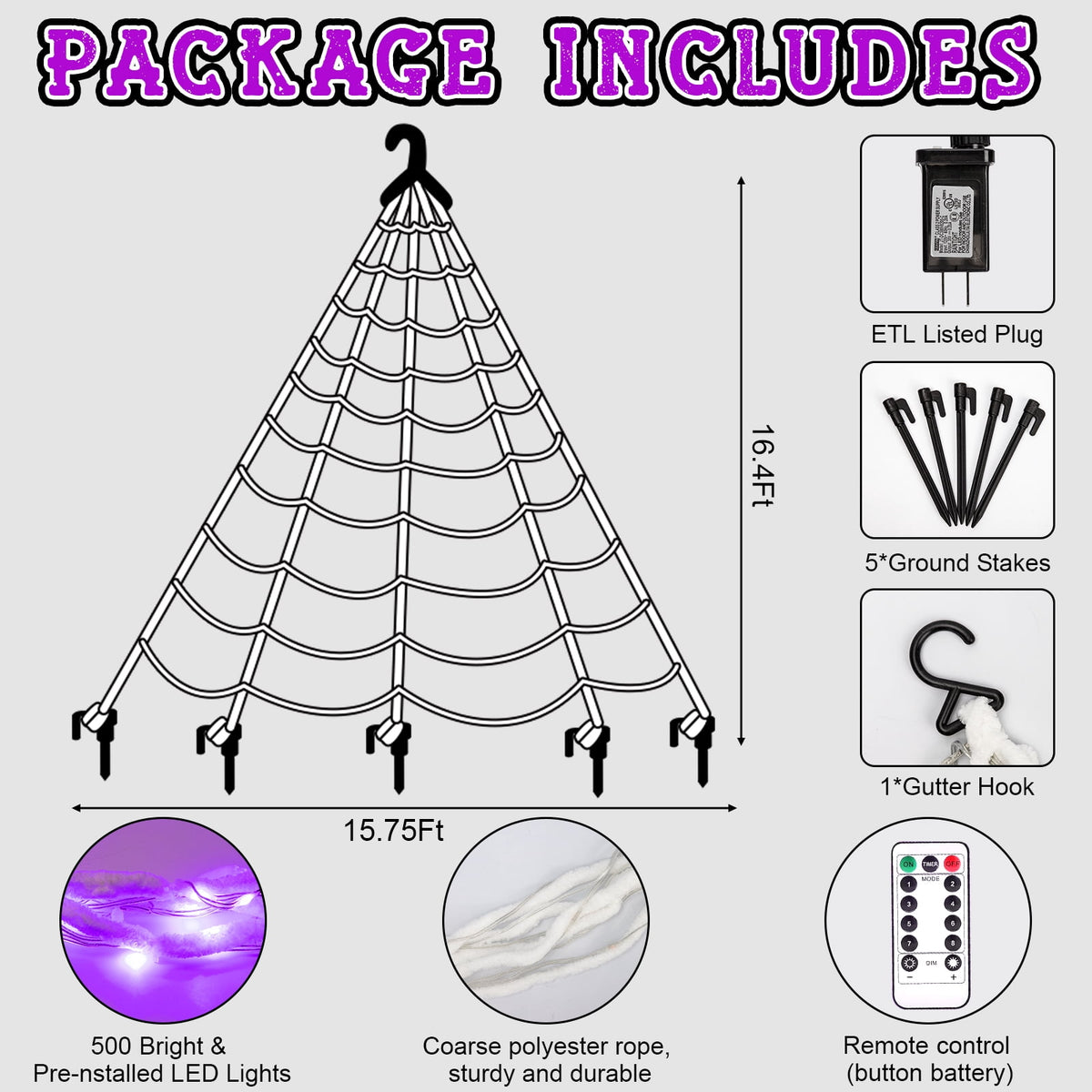 Witchwood™ Scidweet Halloween Decorations Outdoor, 500 LED Halloween Giant Spider Web Lights for Garden Yard Porch Home Decor, Purple White