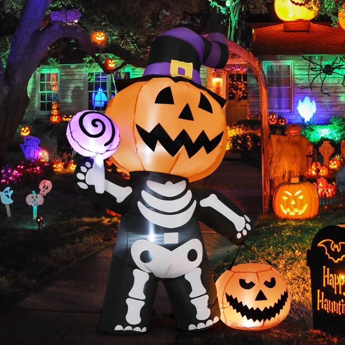 Witchwood™ Halloween Inflatables 6 FT Halloween Pumpkin Inflatable with Skull Body, Scary Blow Up Halloween Pumpkin Decoration with LED Lights, Outdoor Halloween Decorations Clearance for Holiday Party
