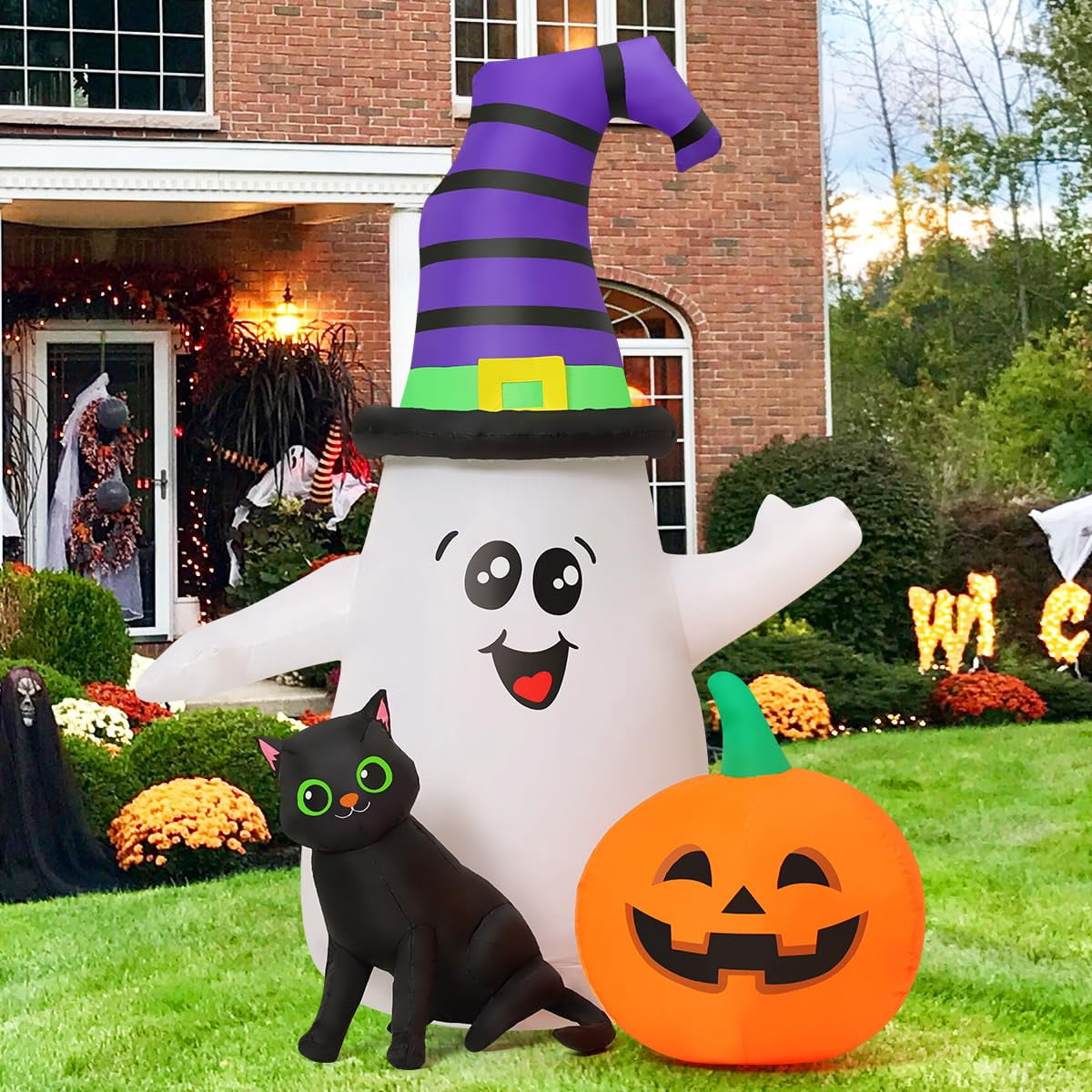 Witchwood™ Halloween Inflatables 5 FT Halloween Ghost Inflatable with LED Lights, Cute Ghost Blow Up with Wizard Hat Pumpkin Black Cat, Outdoor Halloween Decorations for Halloween Holiday Indoor Outdoor
