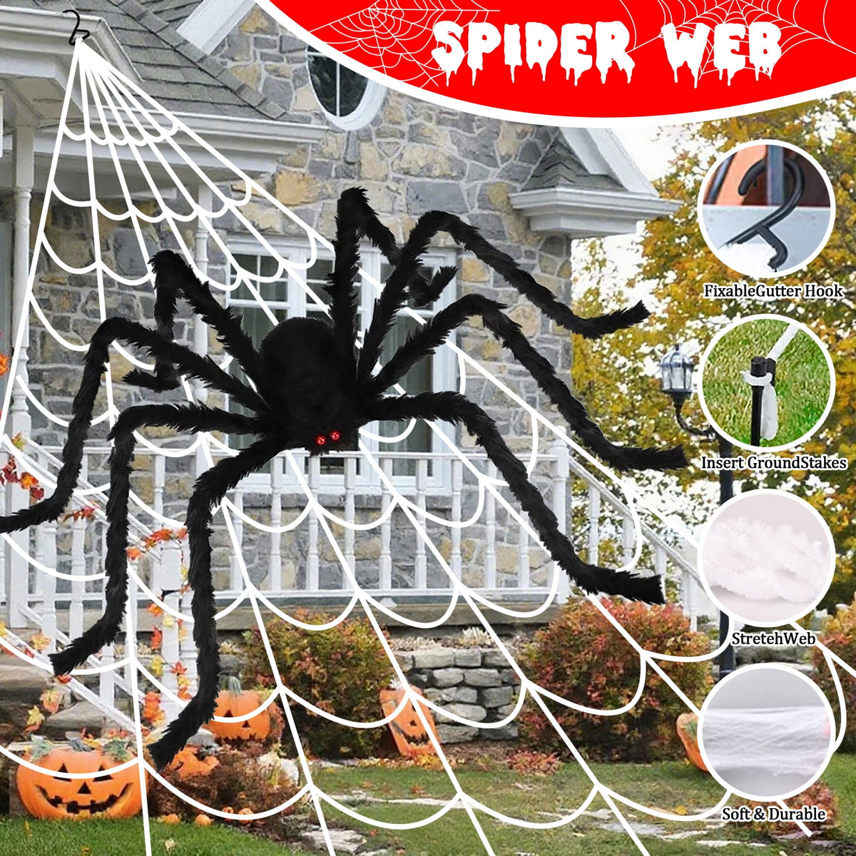 Witchwood™ Scidweet Halloween Decorations Outdoor, 350 LED Halloween Spider Web Lights with 79" Giant Spider for Home Garden Yard Decor