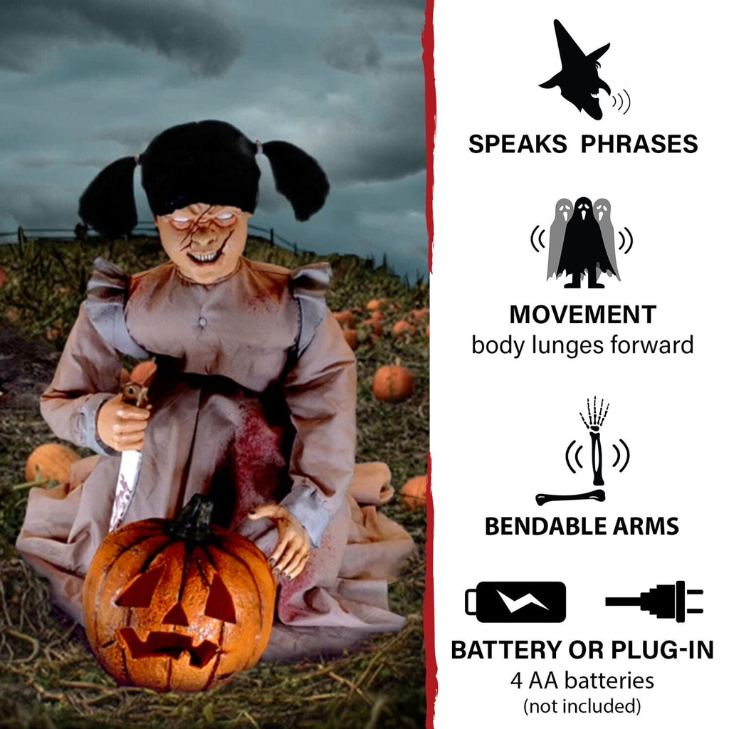 Witchwood™ Lunging Pumpkin Carver Zombie Girl with Jack O'Lantern by Tekky, 3.2 ft Premium Talking Halloween Animatronic, HHPMPCVR-FLSA