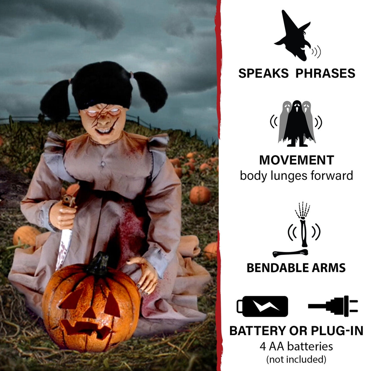 Witchwood™ Lunging Pumpkin Carver Zombie Girl with Jack O'Lantern by Tekky, 3.2 ft Premium Talking Halloween Animatronic, HHPMPCVR-FLSA