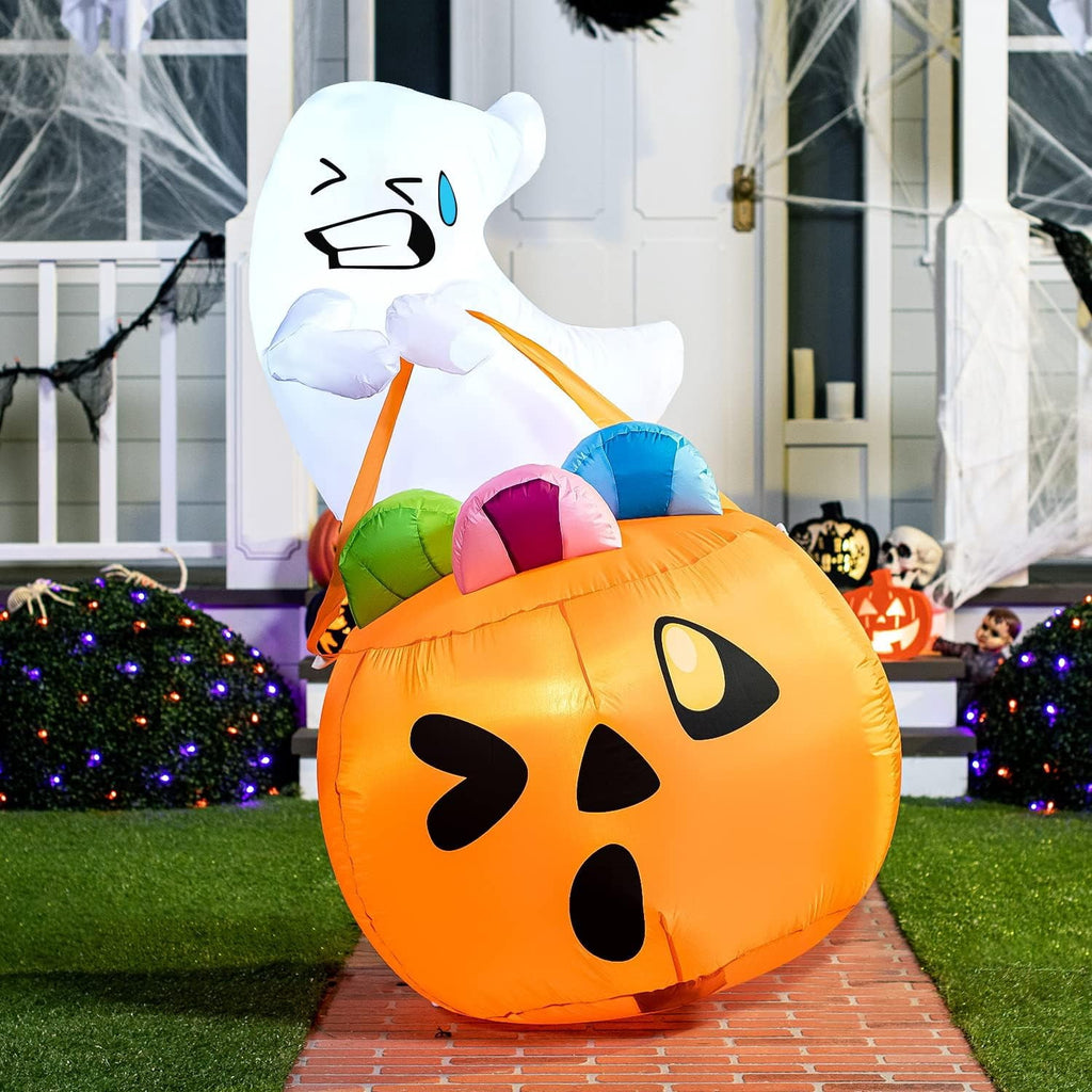 Witchwood™ 5ft Halloween Inflatables Light up Cute Ghost,Blow Up Ghost Lift Pumpkin Candy Bag with Build-in LEDs for Yard Decorations