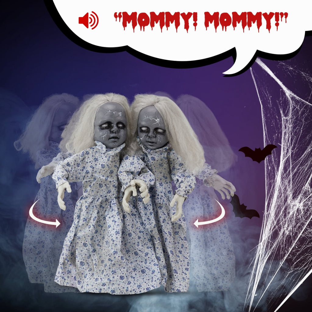 Witchwood™ 2.8ft Halloween Scary Yard Decorations, Twin Girls Halloween Standing Decoration, Animated Haunted House Halloween Party Prop Decoration, with Creepy Sounds, for Front Porch, Patio, Yard, Lawn, Garden