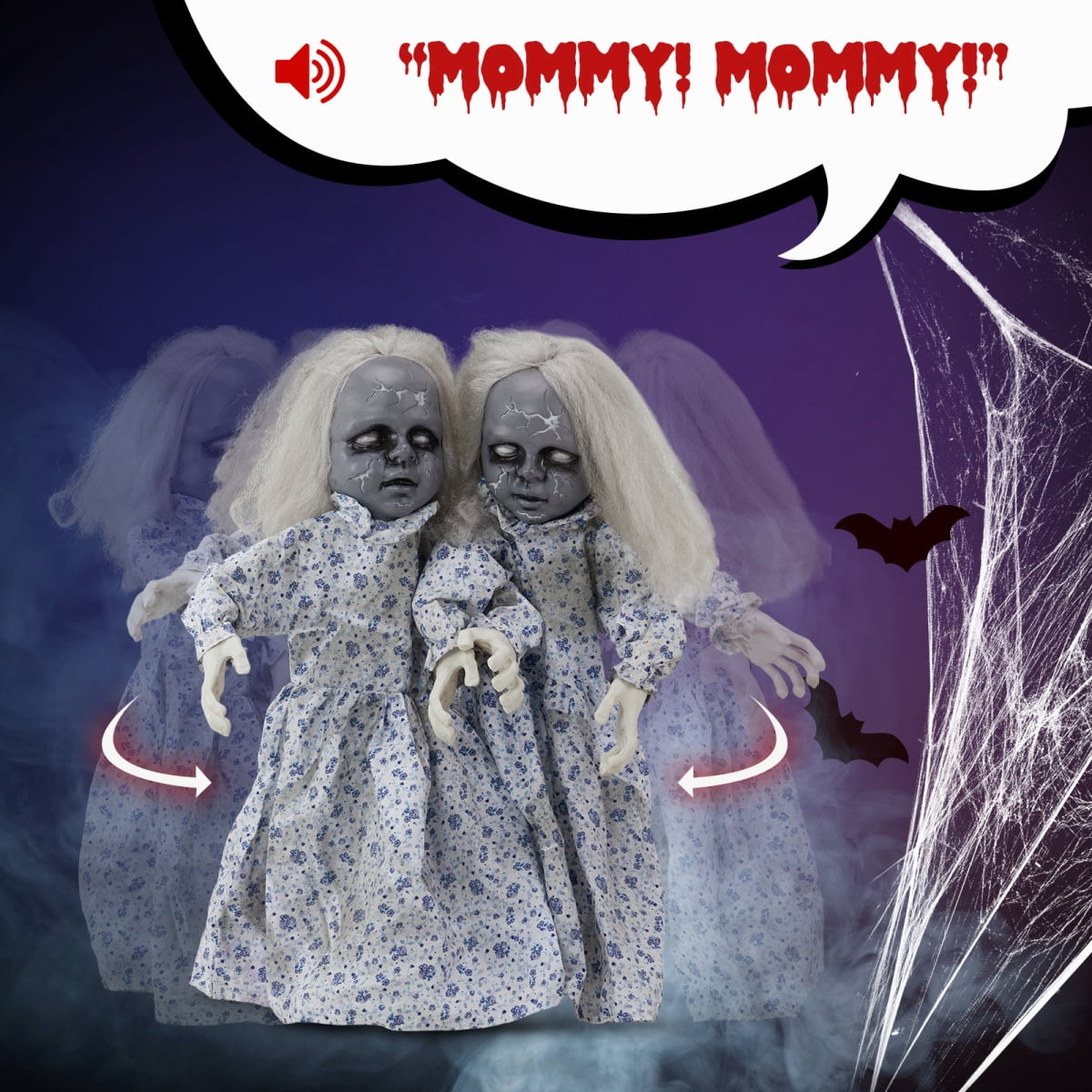 Witchwood™ 2.8ft Halloween Scary Yard Decorations, Twin Girls Halloween Standing Decoration, Animated Haunted House Halloween Party Prop Decoration, with Creepy Sounds, for Front Porch, Patio, Yard, Lawn, Garden
