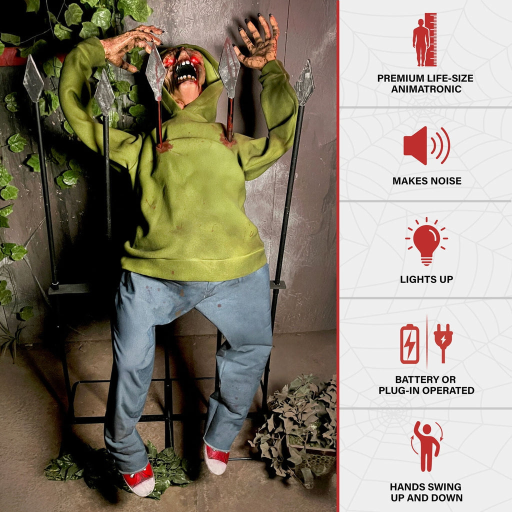 Witchwood™ 4.4 ft Voice-Sensor Impaled Zombie Halloween Animatronic, HHIMPZOMB-1FLSA