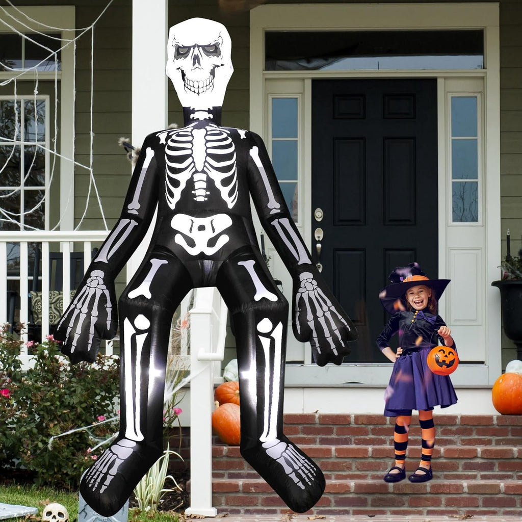 Witchwood™ Halloween Inflatables Outdoor Decorations, 10.5FT Sitting Skeleton Halloween Outdoor Inflatables Decorations Skeleton Blow Up Built in Lights Air Pump for Halloween Party Yard Garden Party Supplies