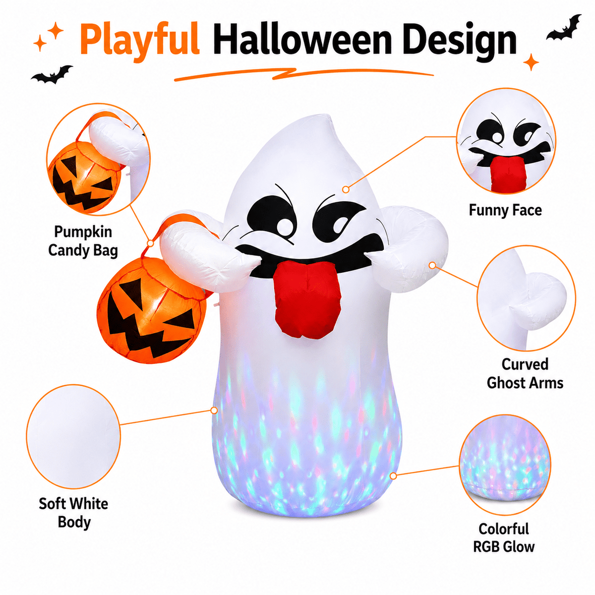Witchwood™ 5FT Halloween Inflatable Ghost Holding Pumpkin Lantern, Light-Up Blow Up Outdoor Yard Decoration with RGB LED Lights