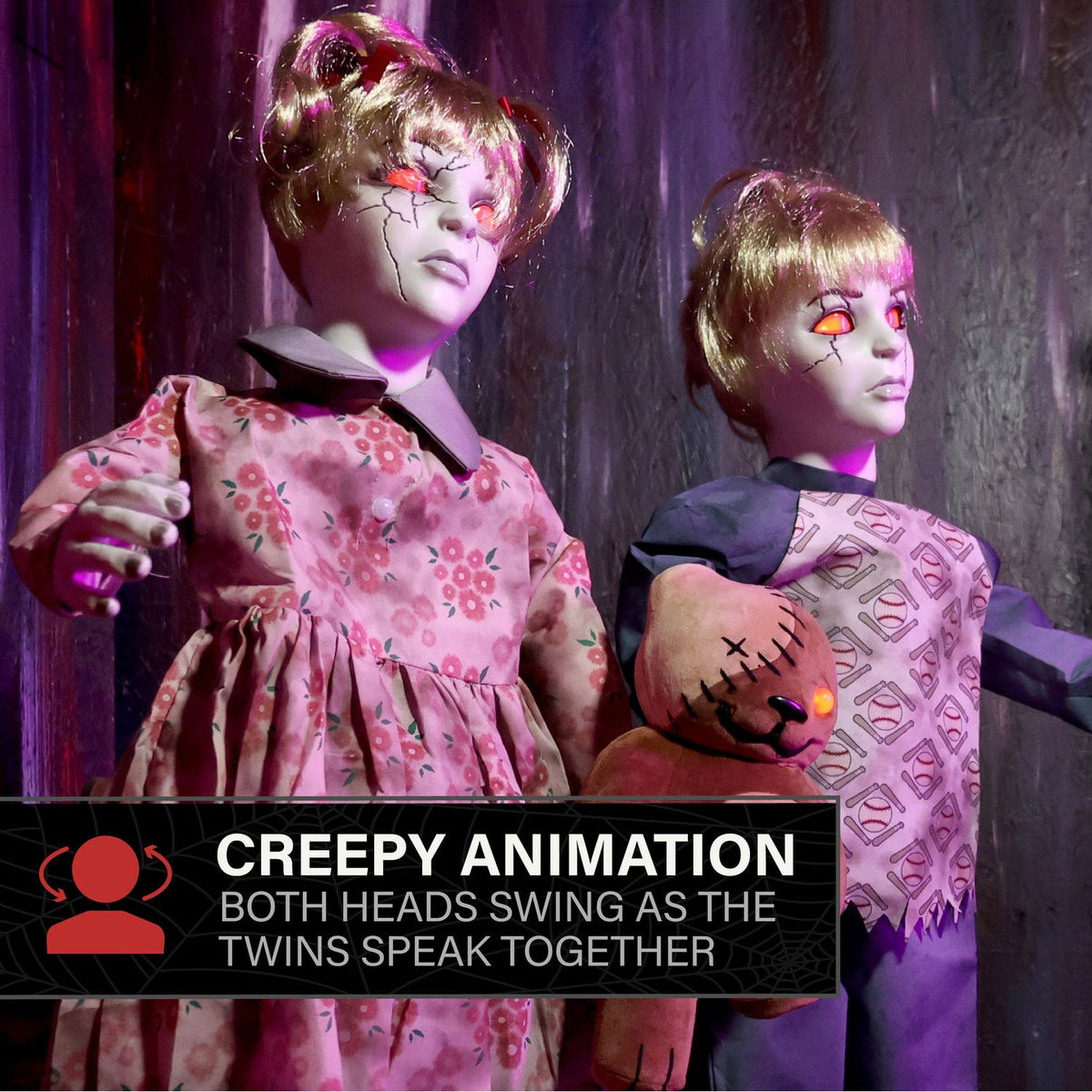 Witchwood™ Apocalypse Twins Halloween Animatronics with Red Eyes & Head Sync, 3-Ft