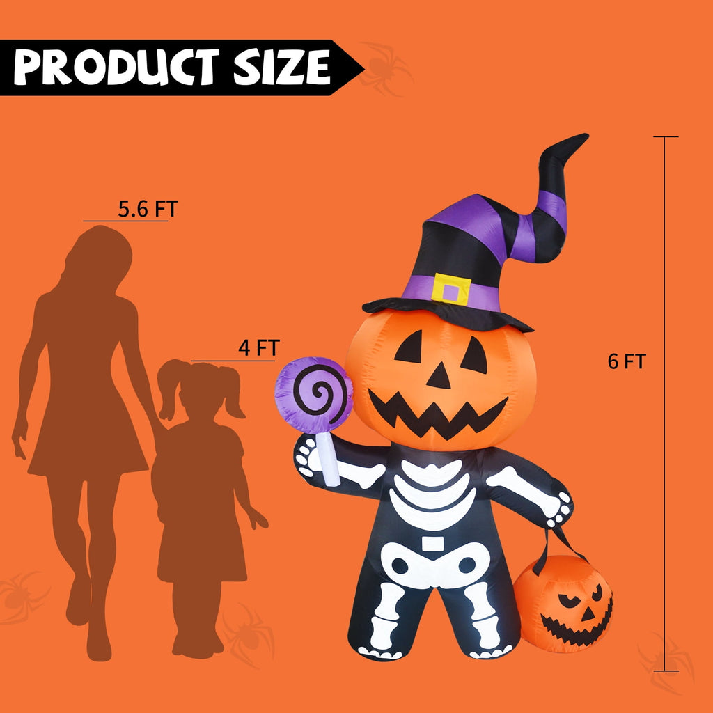 Witchwood™ Halloween Inflatables 6 FT Halloween Pumpkin Inflatable with Skull Body, Scary Blow Up Halloween Pumpkin Decoration with LED Lights, Outdoor Halloween Decorations Clearance for Holiday Party