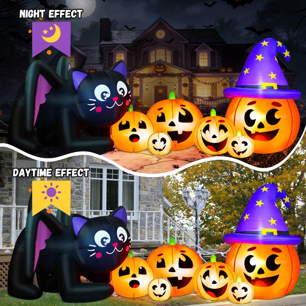 Witchwood™ 9FT Halloween Inflatable Black Cat with Pumpkin,Halloween Yard Decoration with 8 LED Lights,Blow Up Outdoor Lawn Decor