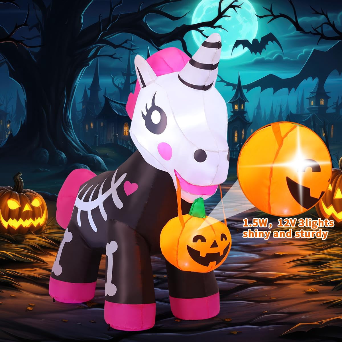 Witchwood™ COMIN 5 FT Halloween Inflatables Skeleton Unicorn Outdoor Decorations Blow Up Yard Pink Cute with Built-in LEDs for Indoor Party Garden Lawn Decor