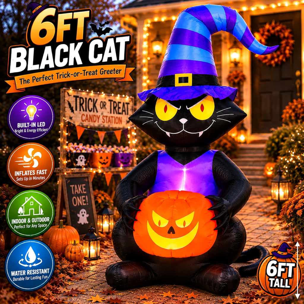 Witchwood™ Toiyjofe 6ft Halloween Inflatable Black Cat with Jack-o'-Lantern & LED Lights, Trick-or-Treat Yard Decoration with Witch Hat for Outdoor Lawn & Porch