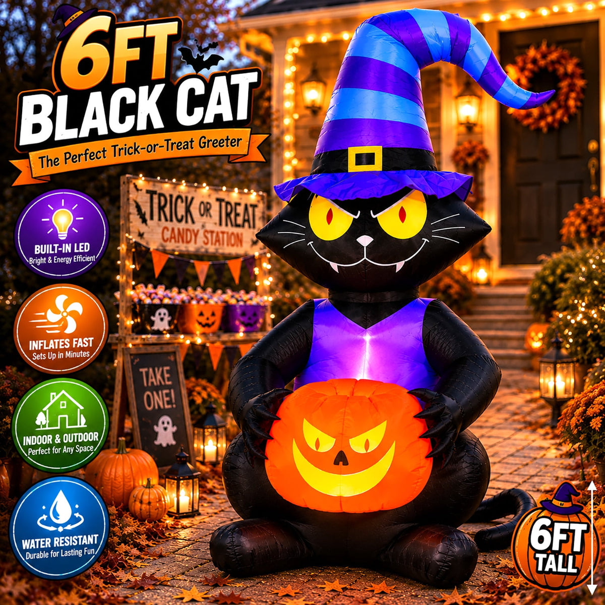 Witchwood™ Toiyjofe 6ft Halloween Inflatable Black Cat with Jack-o'-Lantern & LED Lights, Trick-or-Treat Yard Decoration with Witch Hat for Outdoor Lawn & Porch