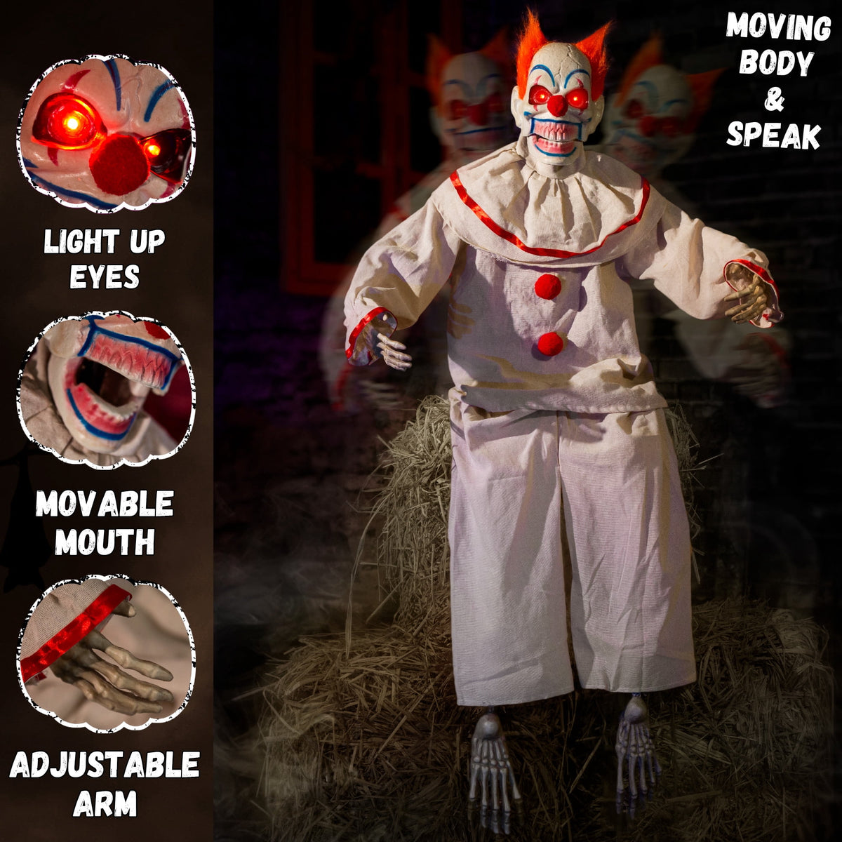 Witchwood™ Halloween Animatronic Sitting Clown Animated Decorations - Sound Activated with Creepy Sound, Light Up Eyes, Scary Move, Haunted House Holiday Spooky Decor Horror Prop, for Indoor Outdoor