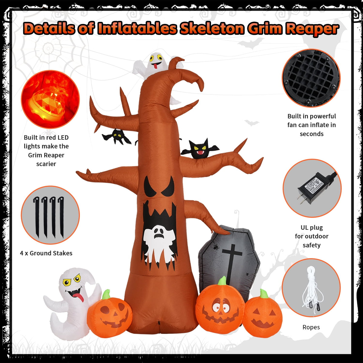 Witchwood™ Coolmade 8 ft Halloween Inflatable Outdoor Dead Tree with Ghosts Pumpkins Tombstone Bat, Halloween Blow Up Yard Decorations Clearance with Build-in LED Lights for Holiday Party Lawn Yard Garden