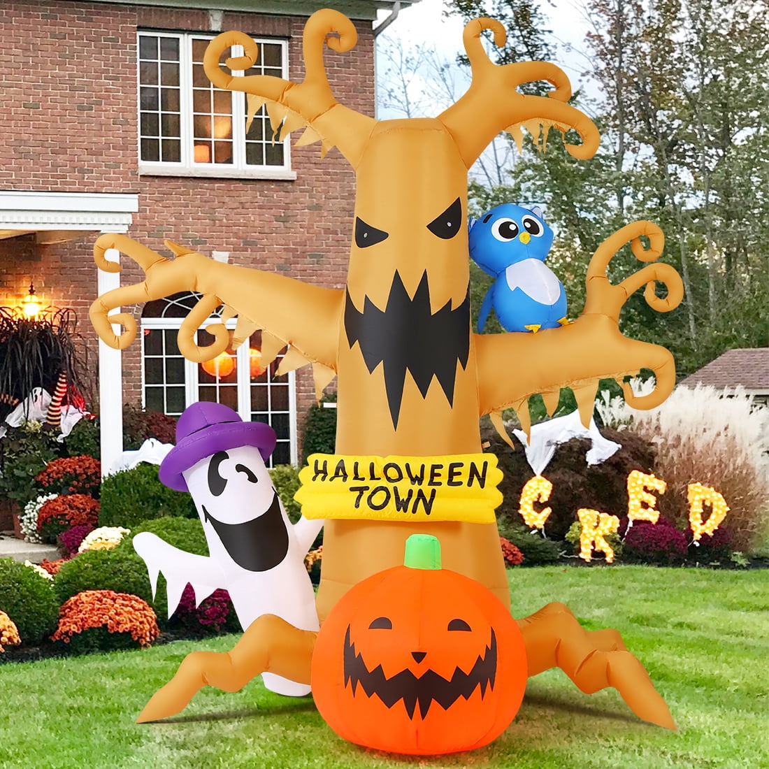 Witchwood™ Halloween Inflatables 8 FT Halloween Inflatable tree with Ghost Pumpkin and Owl, Halloween Dead Tree Decorations Scary Halloween Decorations with Built-in Lights for Halloween/Holiday/Party