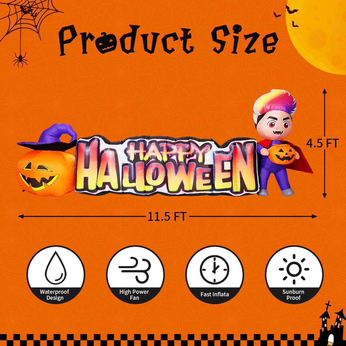 Witchwood™ Halloween Inflatables 11.5 FT Long Vampire With Pumpkin, Outdoor Halloween Inflatables Halloween Blow Ups with LED Lights, Funny Halloween Decorations Inflatables for Halloween Holiday Party