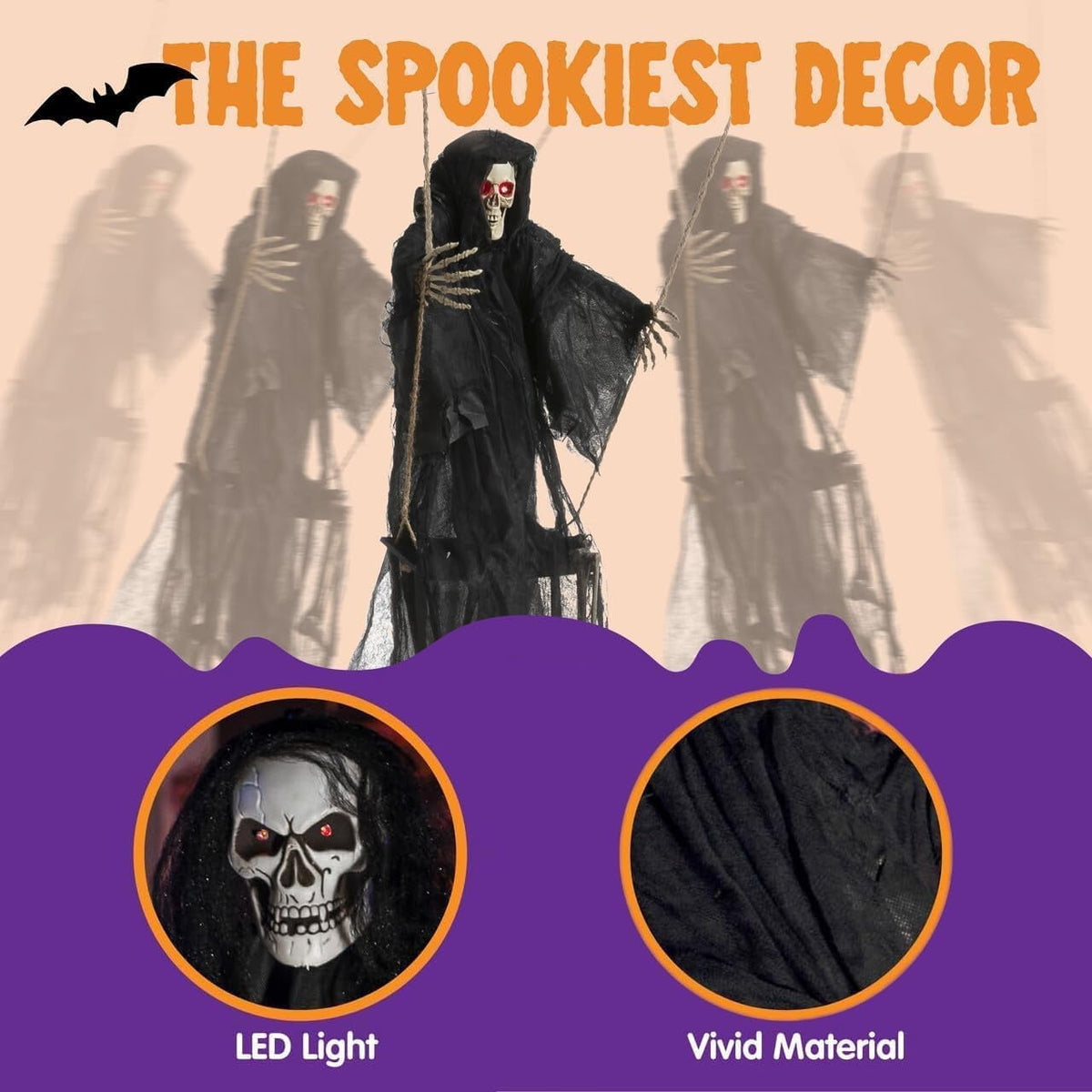 Witchwood™ 2 Packs Halloween Decorations Outdoor Hanging Swinging Skeleton Ghosts,3 ft Light Up Creepy Grim Reaper Decorations for Halloween Hanging Decorations Indoor Outdoor Yard
