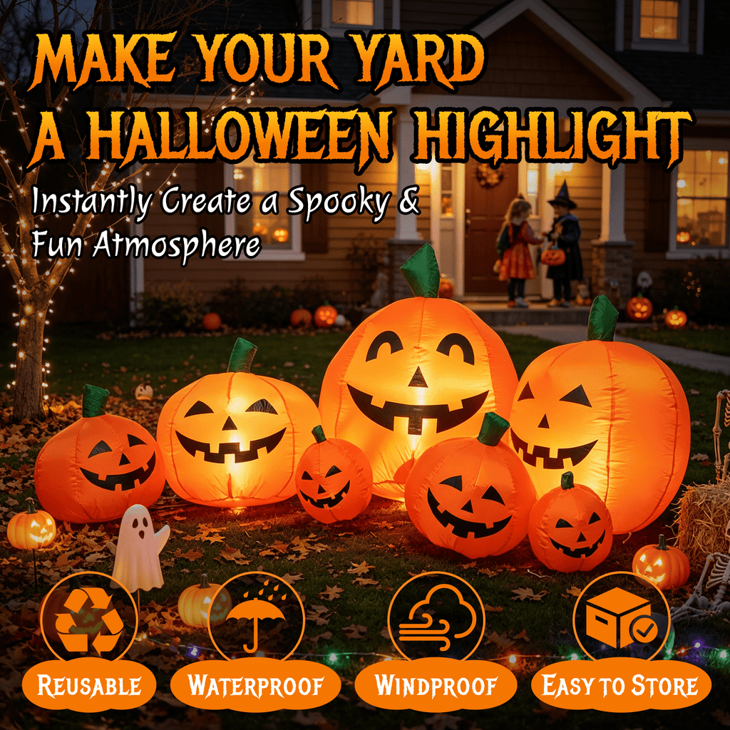 Witchwood™ 7.5 FT Long Halloween Inflatables Pumpkin Family Lighted,7 Pumpkins Blow Up Yard Decoration, Built-in LEDs, Stakes & Tethers Included for Outdoor Lawn Garden Halloween Decor
