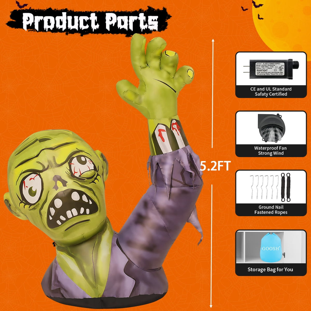 Witchwood™ Halloween Inflatable 5 FT Zombie Inflatable Shaking Hands, Zombie Inflatable Halloween Decorations Scary Halloween Blow Ups with LED Lights, Halloween Inflatables Clearance for Holiday/Party