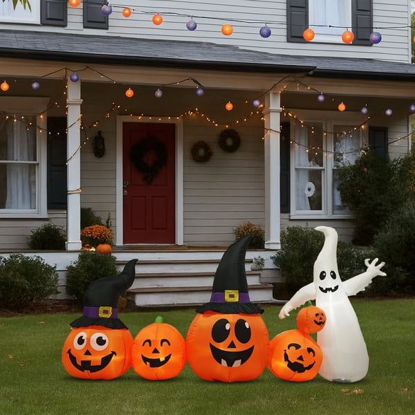 Witchwood™ 8FT Halloween Inflatable Pumpkin Ghost Scene, 5 Total LEDs, Waterproof Polyester, Quick Inflation with Stakes/Ropes for Yard/Garden/Indoor