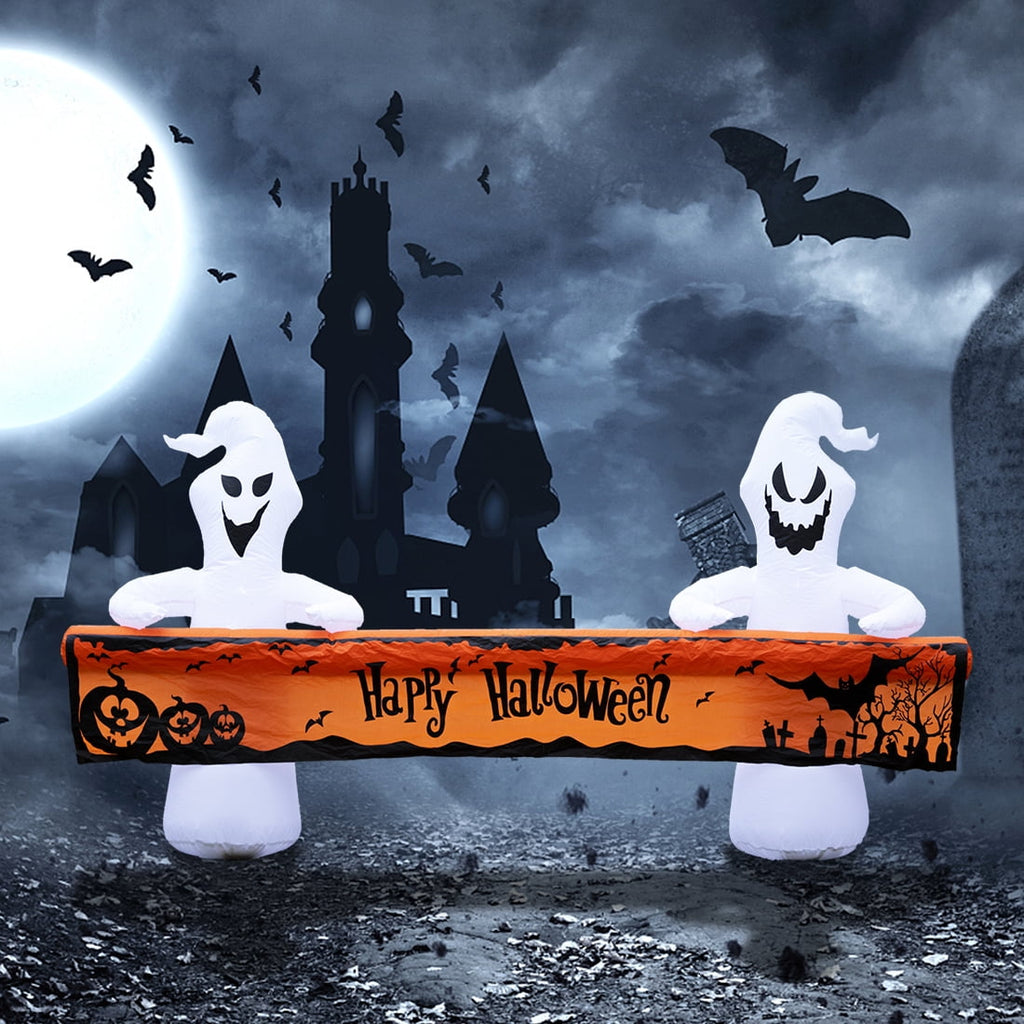 Witchwood™ Large Hallowee Inflatable-8FT White Ghosts with Orange Banner Print ?Happy Halloween? LED Lights Outdoor Halloween Decorations Blow Up Decoration for Halloween Party, Yard, Garden, Lawn