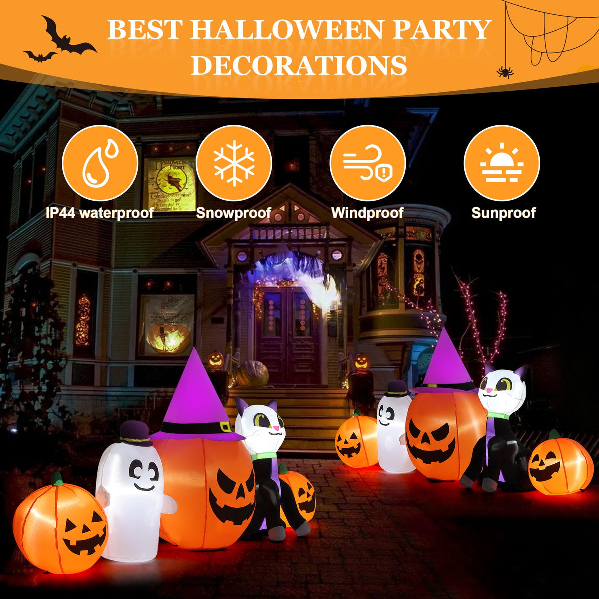 Witchwood™ 8ft Halloween Inflatable Pumpkins Outdoor Decor with Black Cat and Spectre,Built-in LED Lights,for Halloween Party,Yard,Garden,Lawn